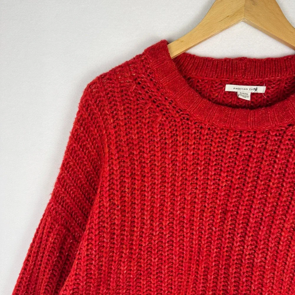American Eagle Red Chunky Ribbed Knit Cropped Sweater Womens‎ XL Vibrant